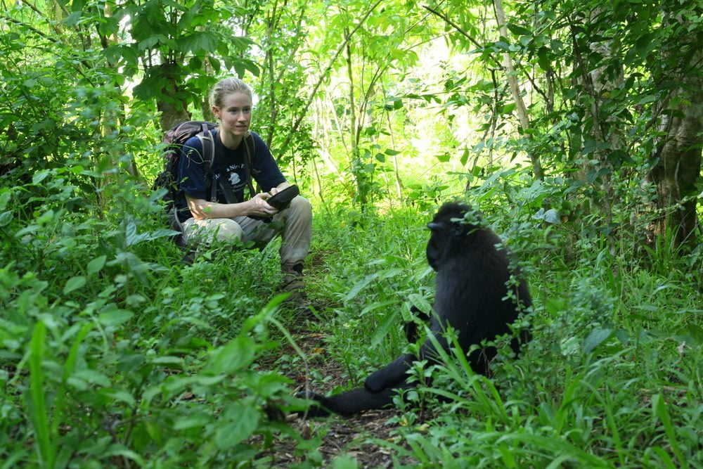 Maura Tyrrell and a crested macaque