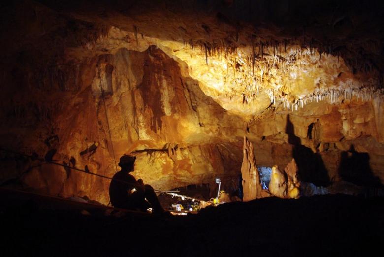 Inside the Manot Cave in Israel's Galilee, where a 55,000-year-old skull sheds new light on human migration patterns. Photo courtesy of: Amos Frumkin / Hebrew University Cave Research Center