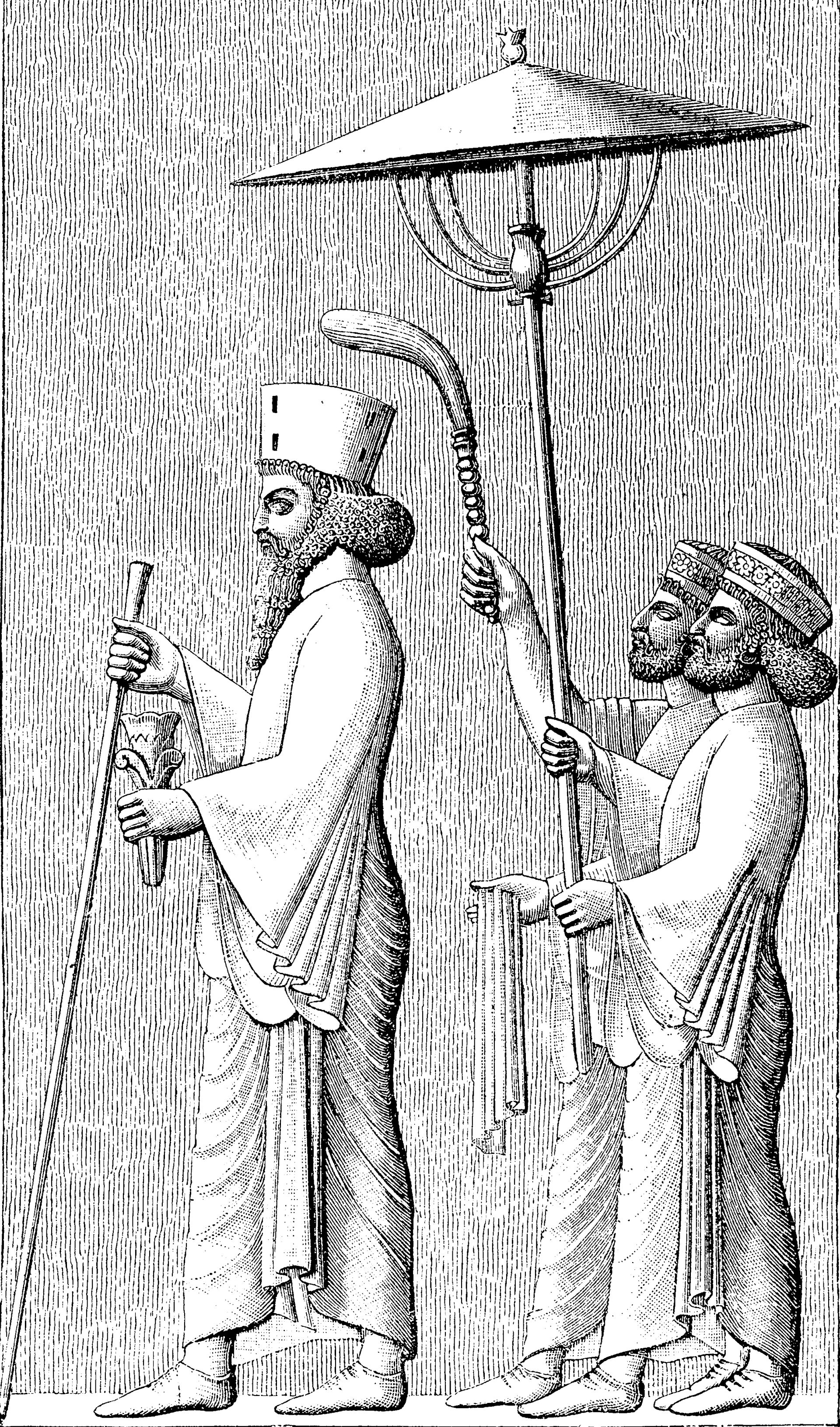 line drawing of royal bearded man followed by two smaller men with parasol and fly whisk