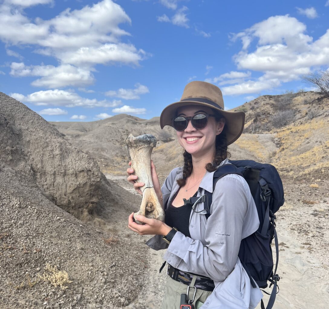 Leakey Foundation grantee Madeleine Kelly holds a fossil while participating in the Koobi Fora Field School.