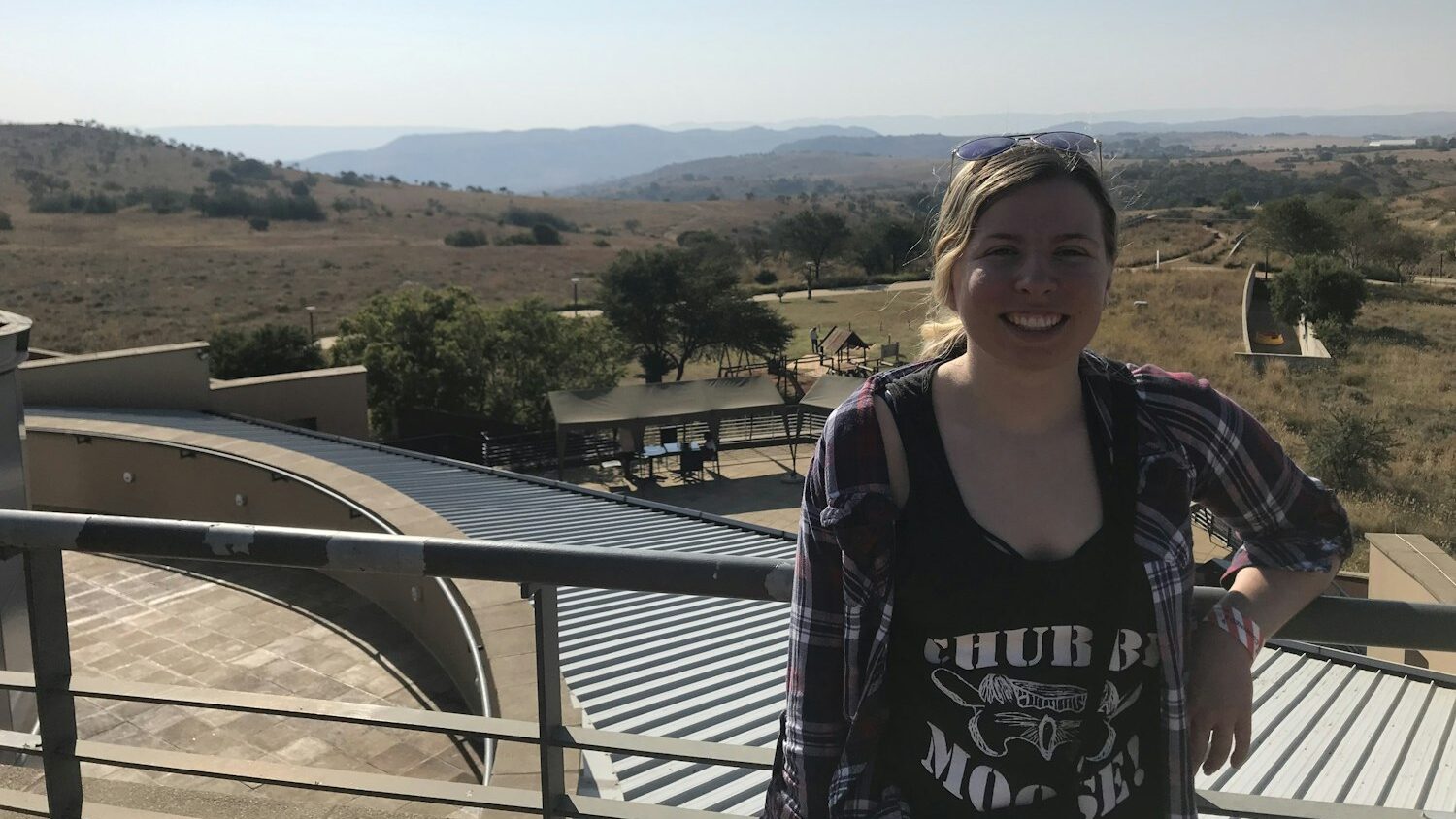 Margaret Furtner near a railing at the Maropeng Visitor Centre in the Cradle of Humankind