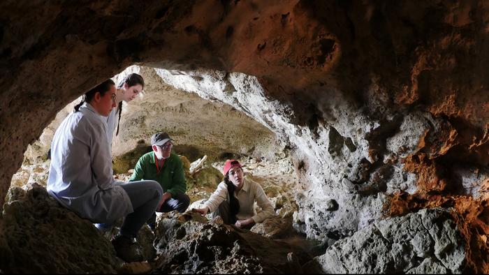 A group of scientists in the opening of a small cave.