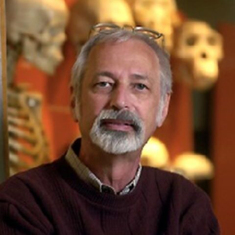 A portrait of C. Owen Lovejoy standing in front of a collection of skeletons.