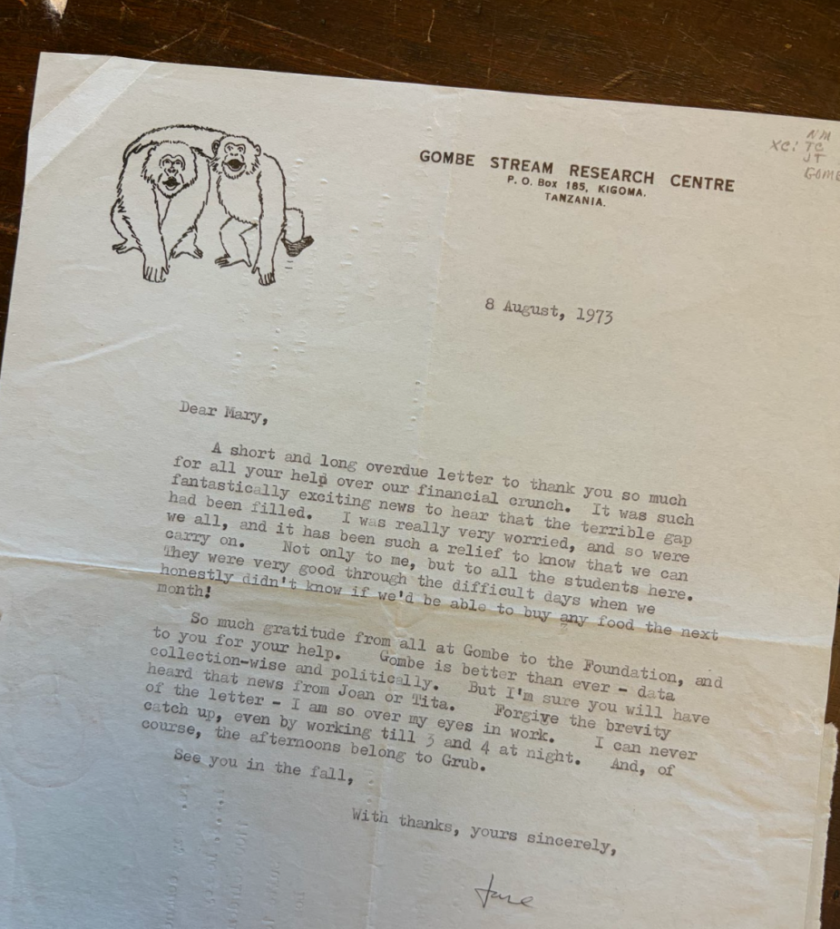 A letter from Jane Goodall to The Leakey Foundation.